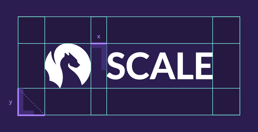 Clear space diagram: a grid around the SCALE logo, with x marking the width of the letter L between the dragon icon and the wordmark, and y marking the height of the letter L as the clear space around the whole logo.